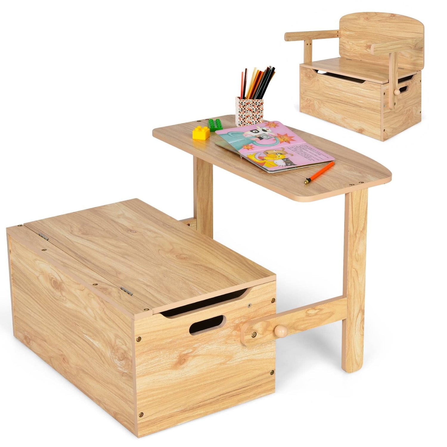 GYMAX 3 in 1 Kids Storage Bench Convertible Toy Storage Box with Safety Hinge