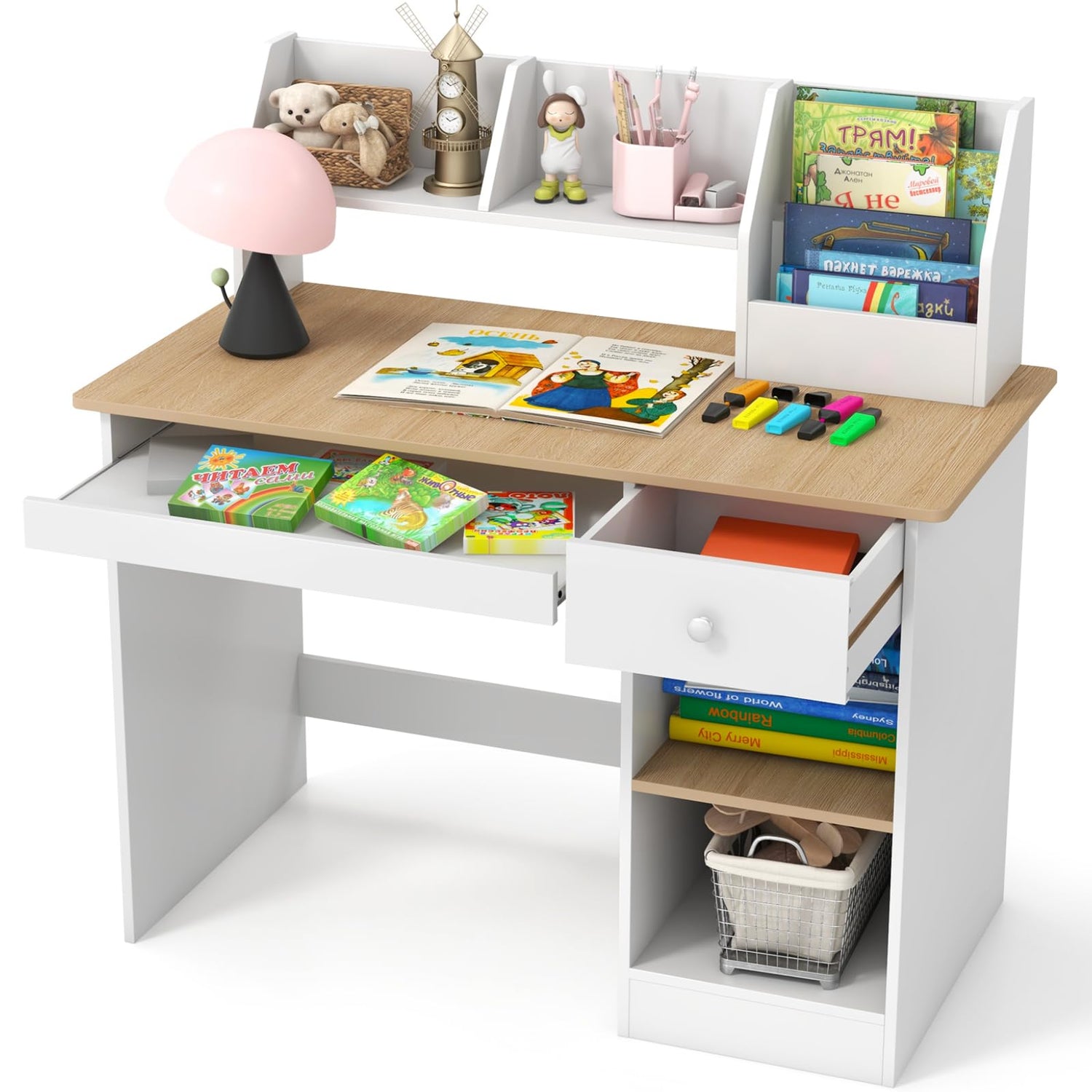 GYMAX Wooden Kids Desk, Children Study Table with Drawer, Tabletop Bookshelf, Keyboard Tray, Shelves & Hutch