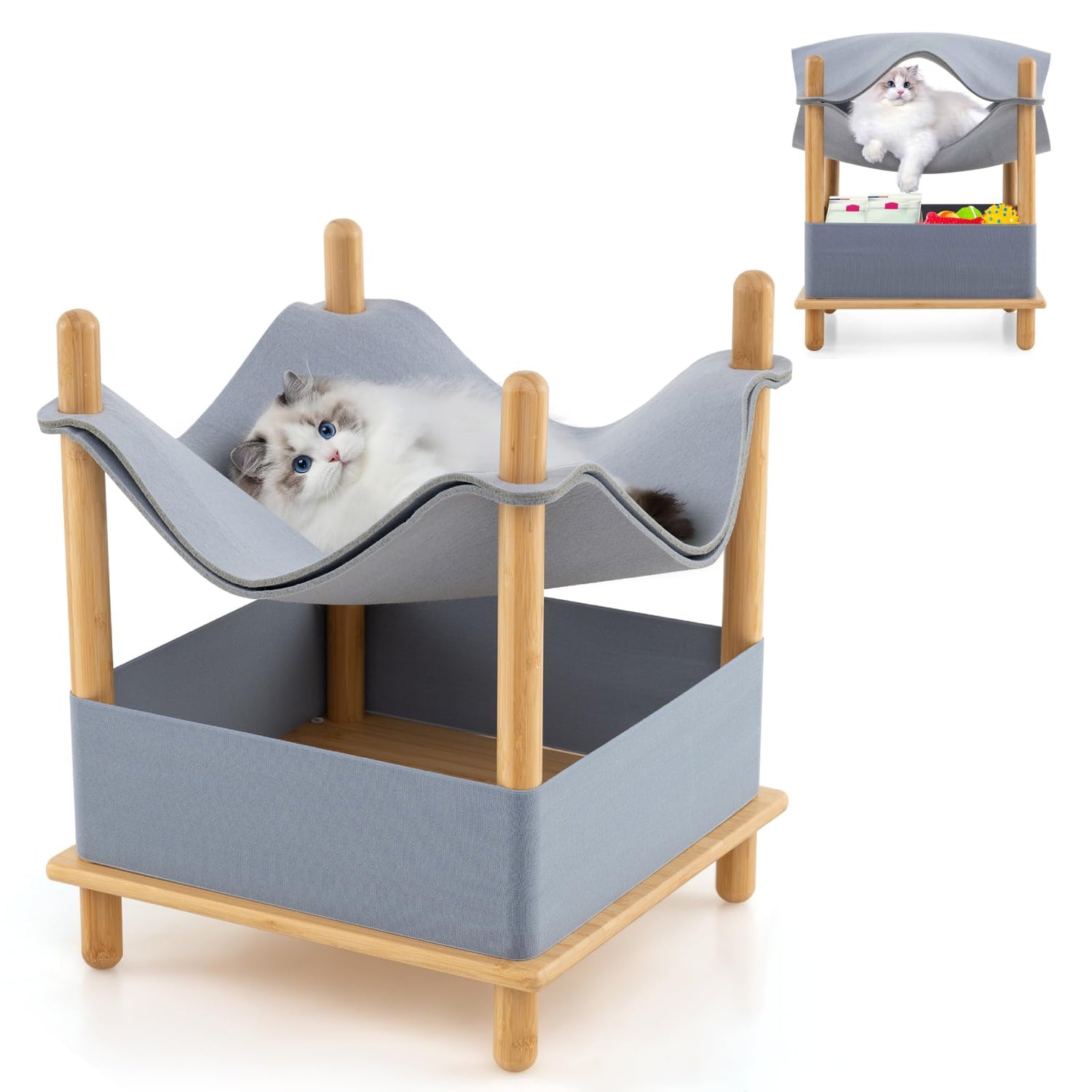 GYMAX Elevated Cat Bed, 2-tier Bamboo Frame Cat House with Dual-Layer Felt Fabric Top