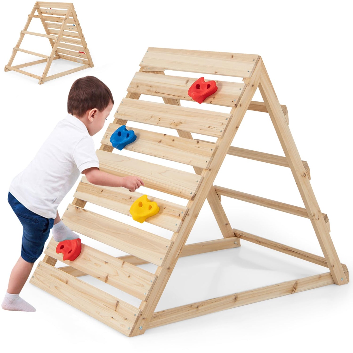 GYMAX Kids Climbing Frame, Double Sided Wooden Toddler Climber with Colorful Climbing Rocks