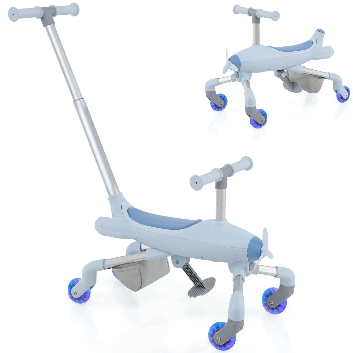 GYMAX 2 in 1 Kids Ride on Push Car, Push Along Car with Adjustable Handle, LED Lighted Wheels