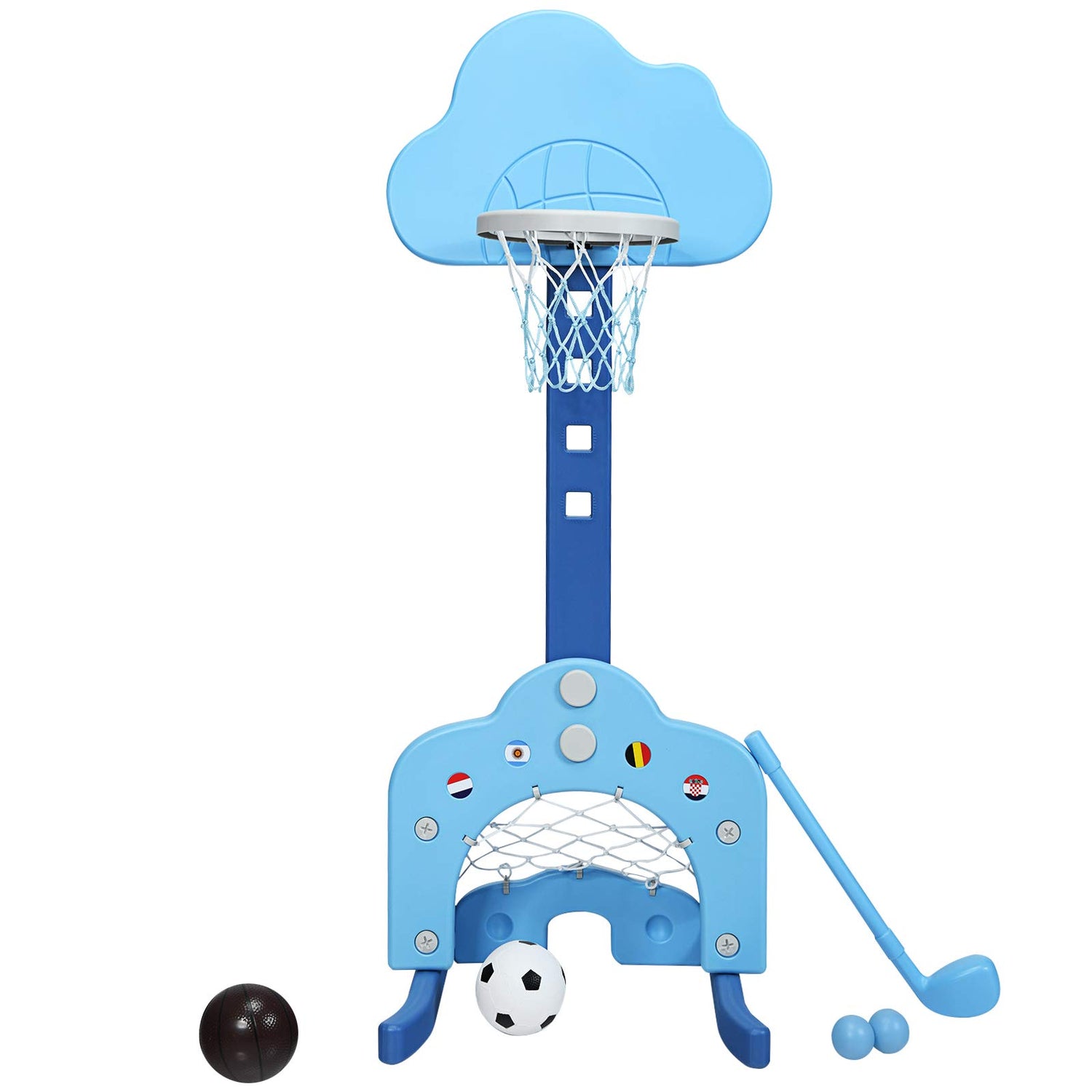 GYMAX 3-IN-1 Kids Basketball Stand, Basketball Hoop Set with Soccer and Golf Play