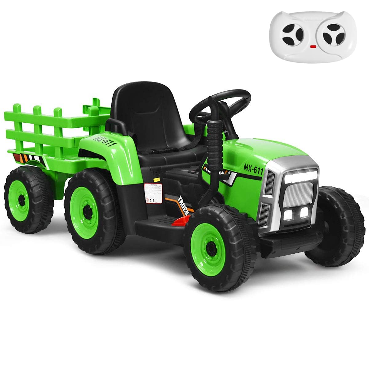 GYMAX Kids Electric Tractor with Detachable Trailer, Remote Control, LED Lights, Music