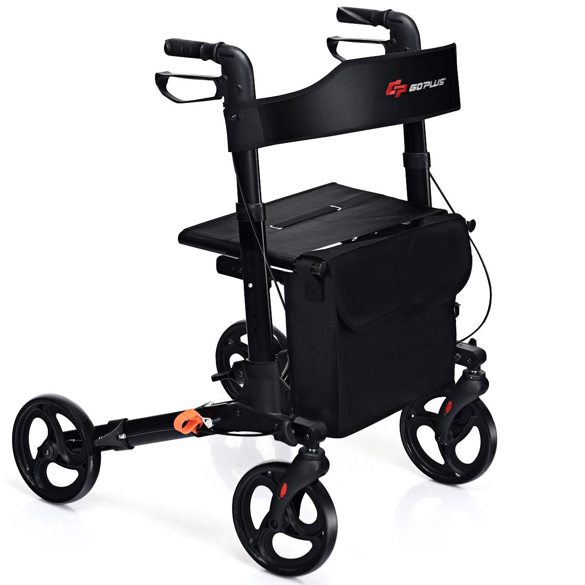 GYMAX Folding Rollator Walker with Seat, Dual Brakes, Detachable Storage Bag, Cane Holder