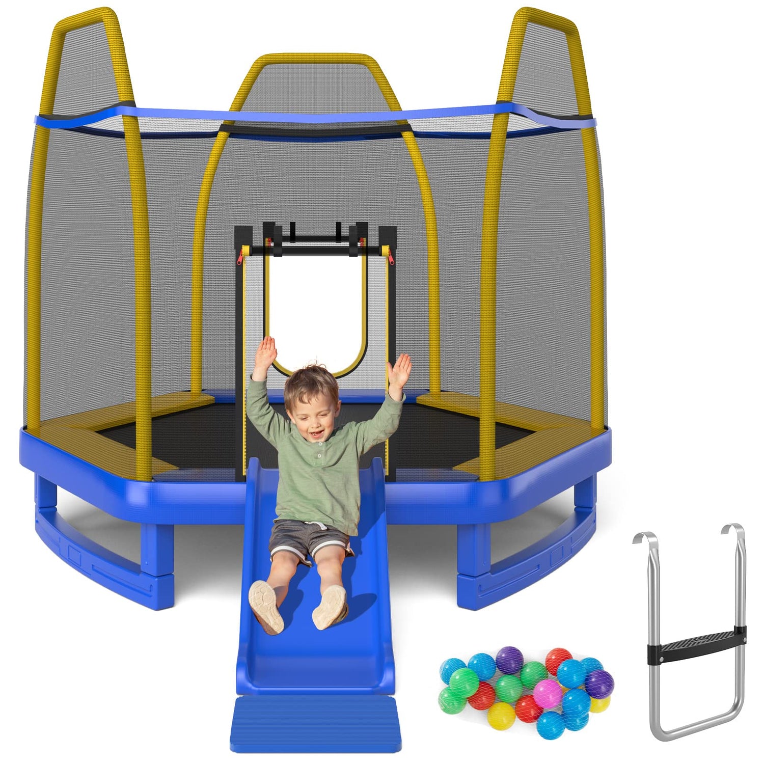 GYMAX 7FT Trampoline with Slide, Indoor Outdoor Kids Jumping Trampoline with Safety Enclosure Net
