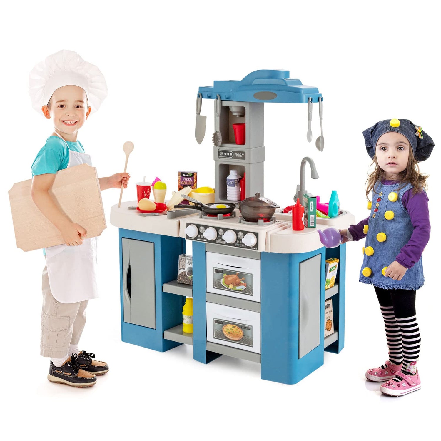 GYMAX Kids Kitchen Playset, Toy Kitchen Set with Ovens, Stoves, Storage Space