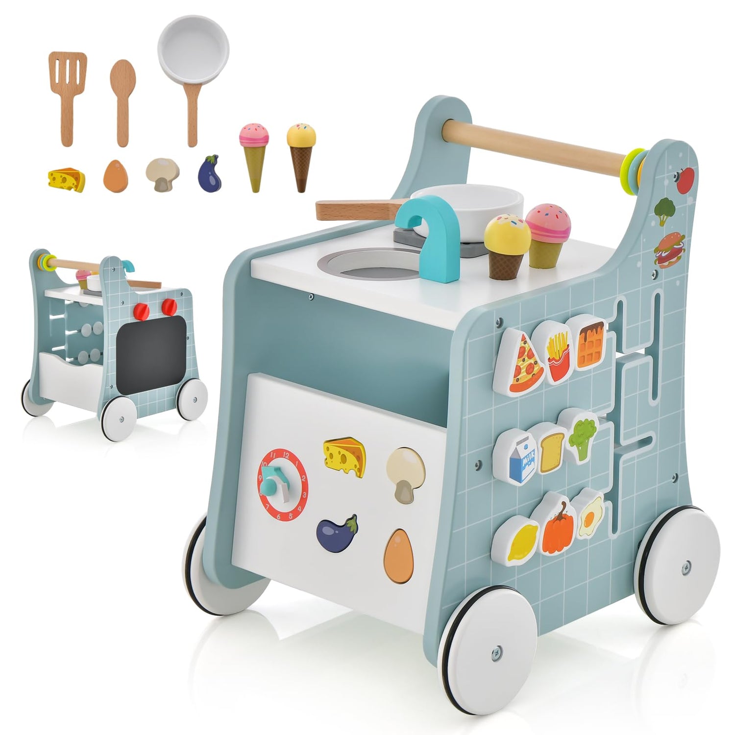 GYMAX 6-in-1 Wooden Baby Walker, Toddler Push Along Walker with Teaching Clock