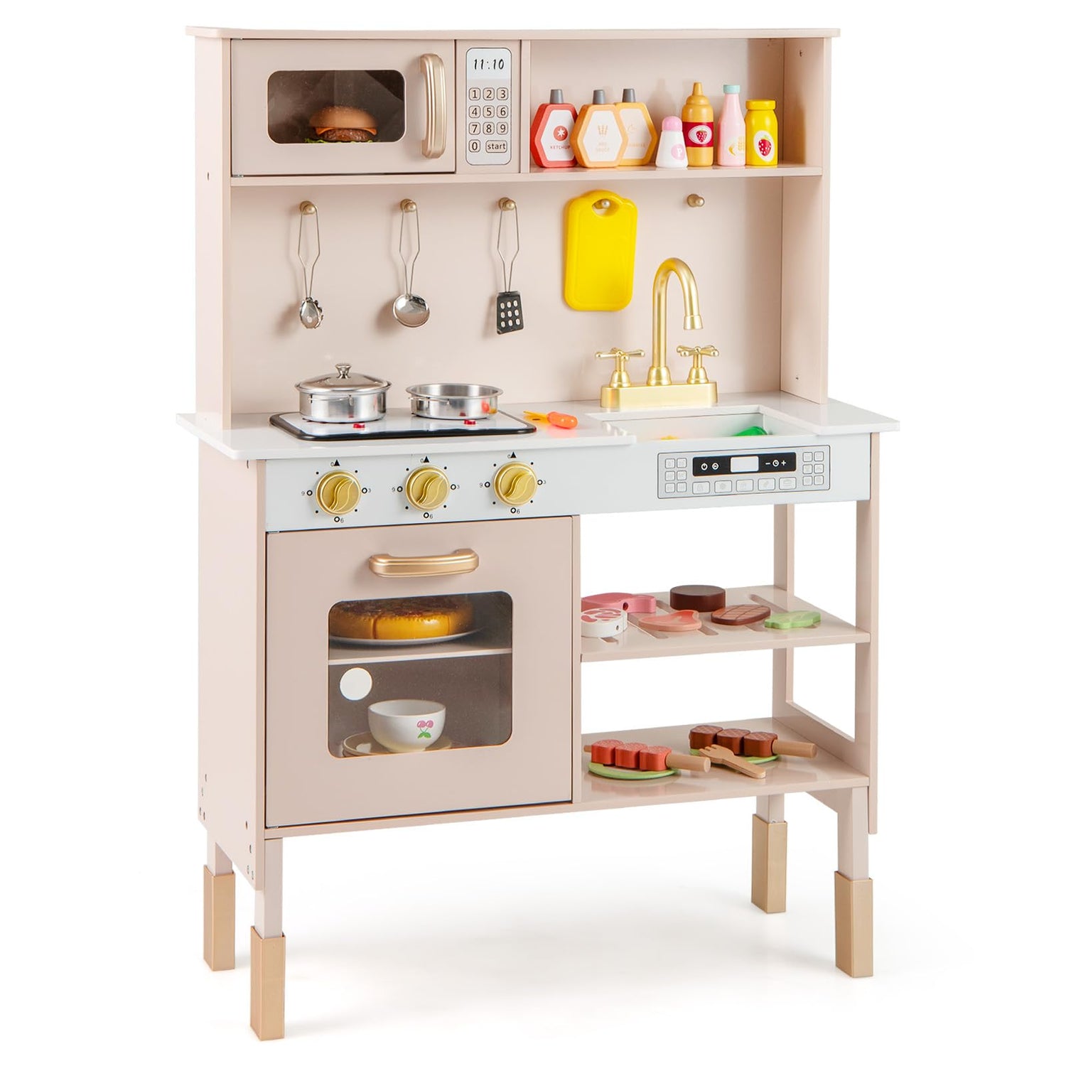 GYMAX Wooden Kids Kitchen, Height Adjustable Toy Kitchen with Stoves, Microwave, Oven, Storage Shelves