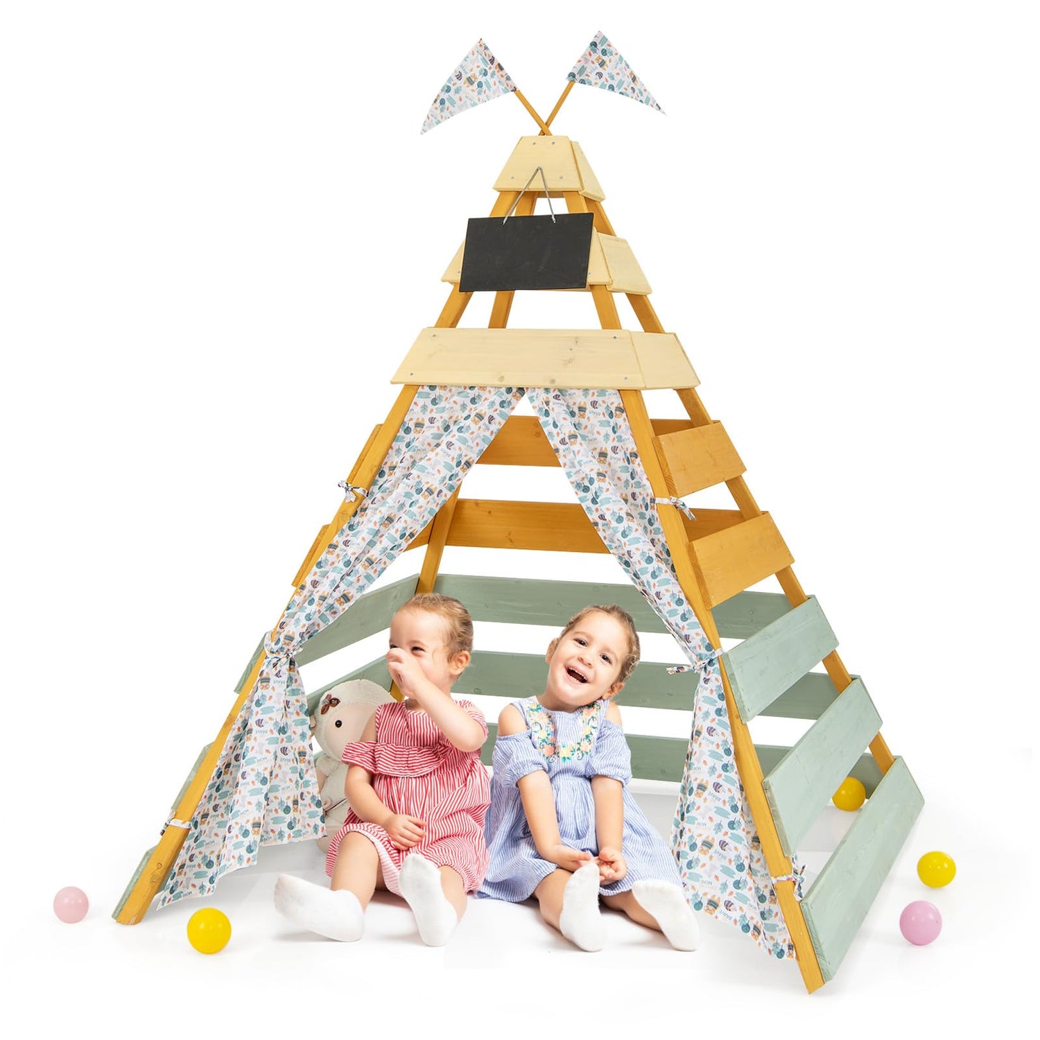 GYMAX Large Teepee Tent, Wooden Play Tent with Removable Chalkboard, Washable Flags and Door Curtains