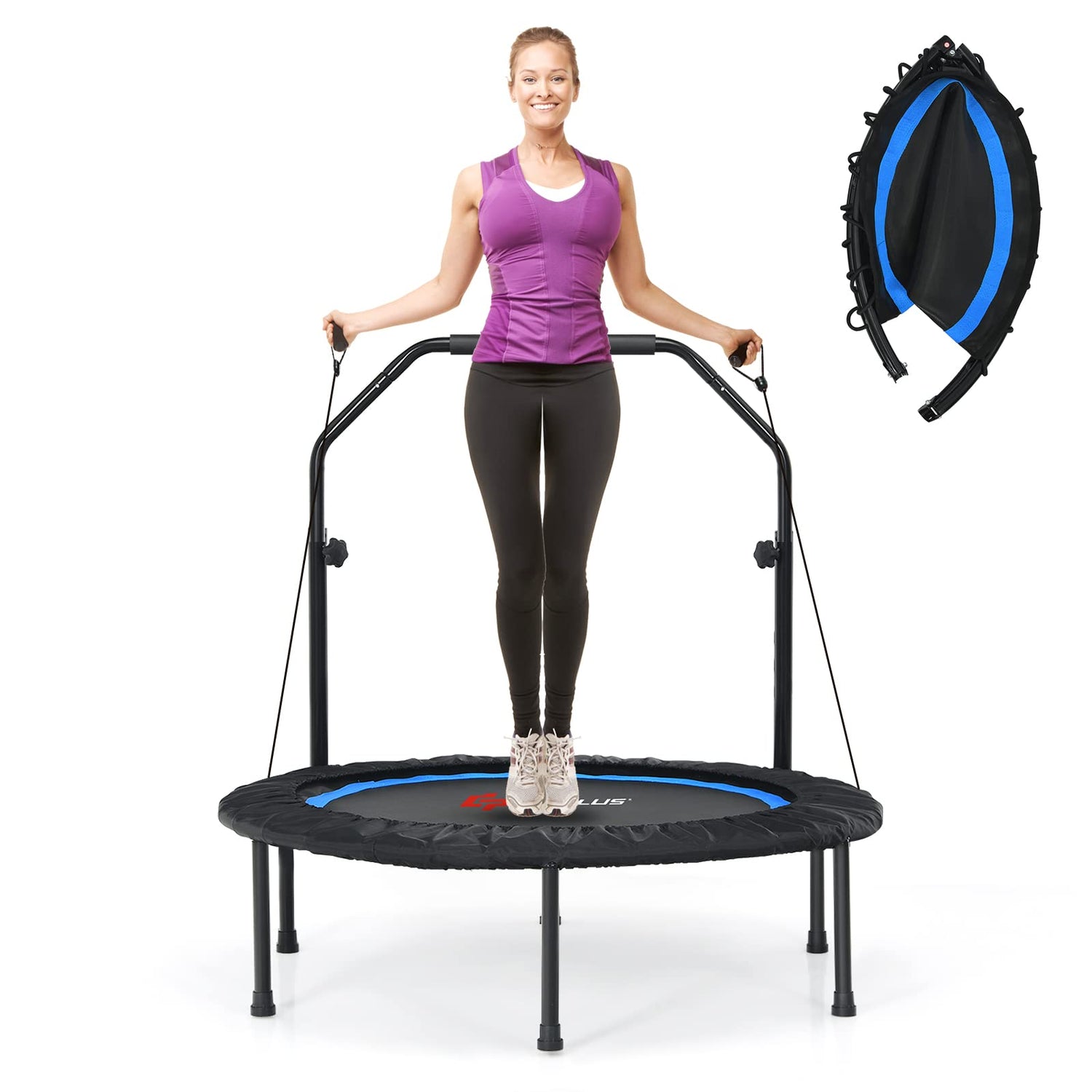 GYMAX 40" Mini Fitness Trampoline, Foldable Exercise Rebounder with 2 Resistance Bands