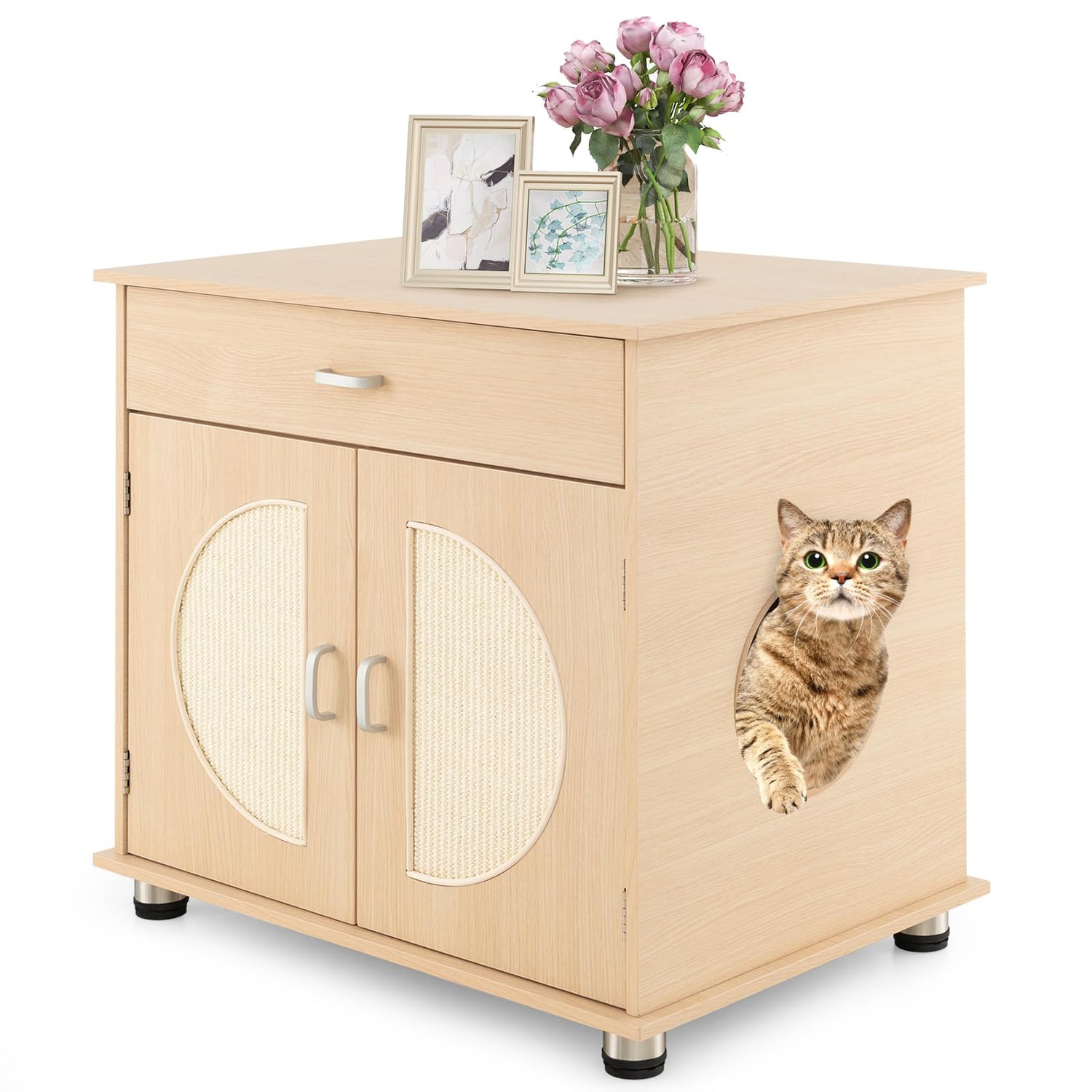 GYMAX Cat Litter Box Enclosure, Wooden Hidden Kitty Washroom Storage Bench