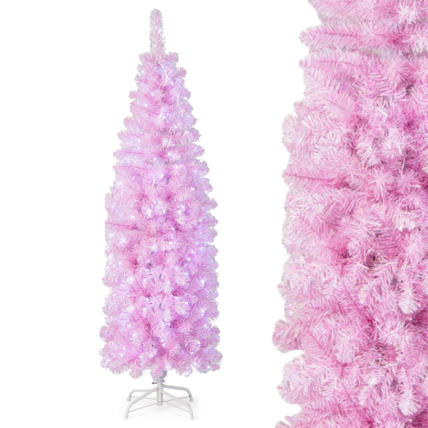 GYMAX 6FT Pre-Lit Hinged Christmas Tree, Slim Pencil Artificial Xmas Tree with LED Lights