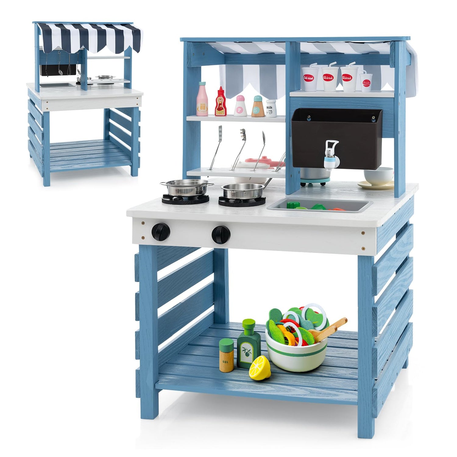 GYMAX Kids Mud Kitchen, Outdoor Double-Sided Toy Kitchen with Stoves, Removable Sink, Faucet