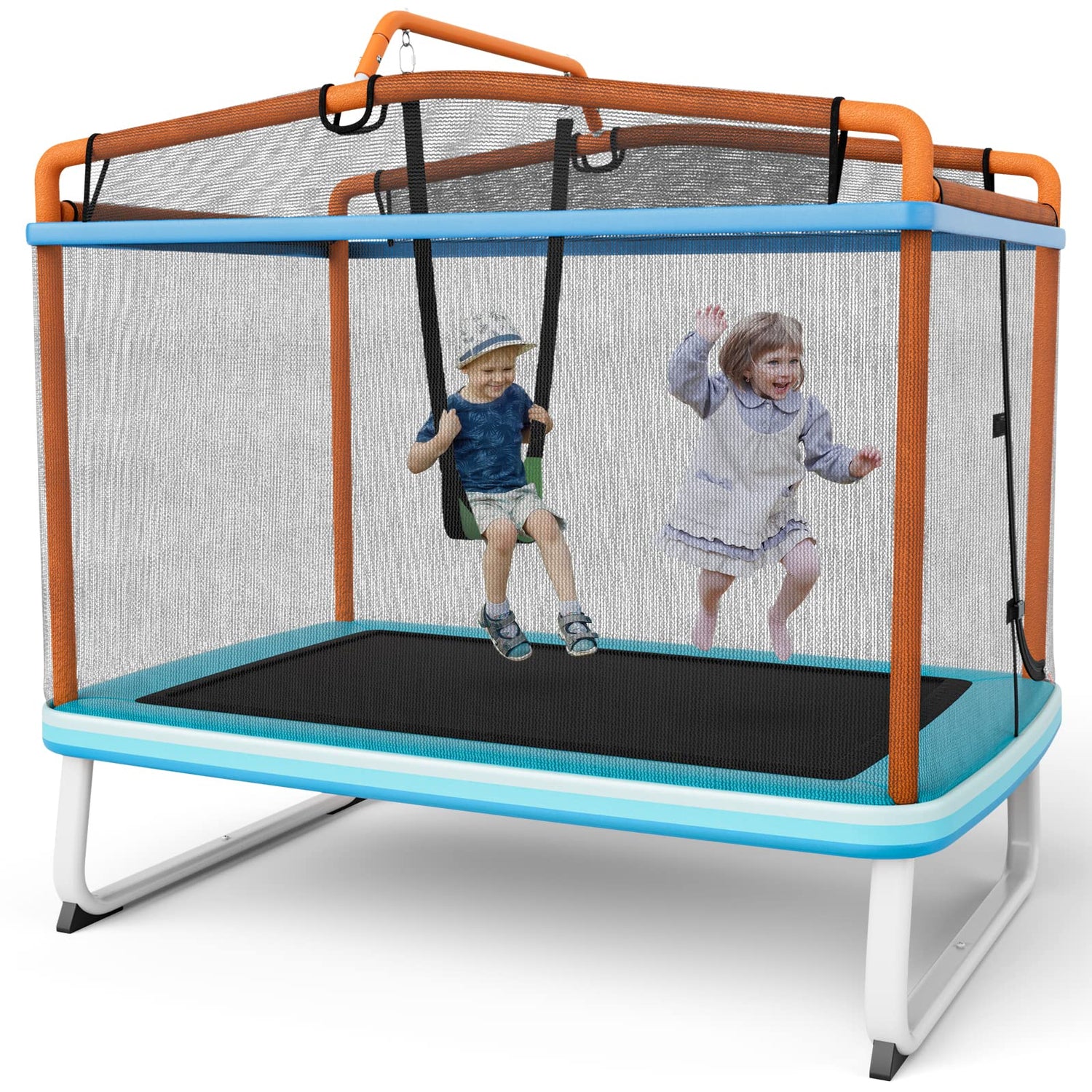 GYMAX 6 FT Kids Trampoline, 3-in-1 Rectangle Trampoline with Enclosure Net