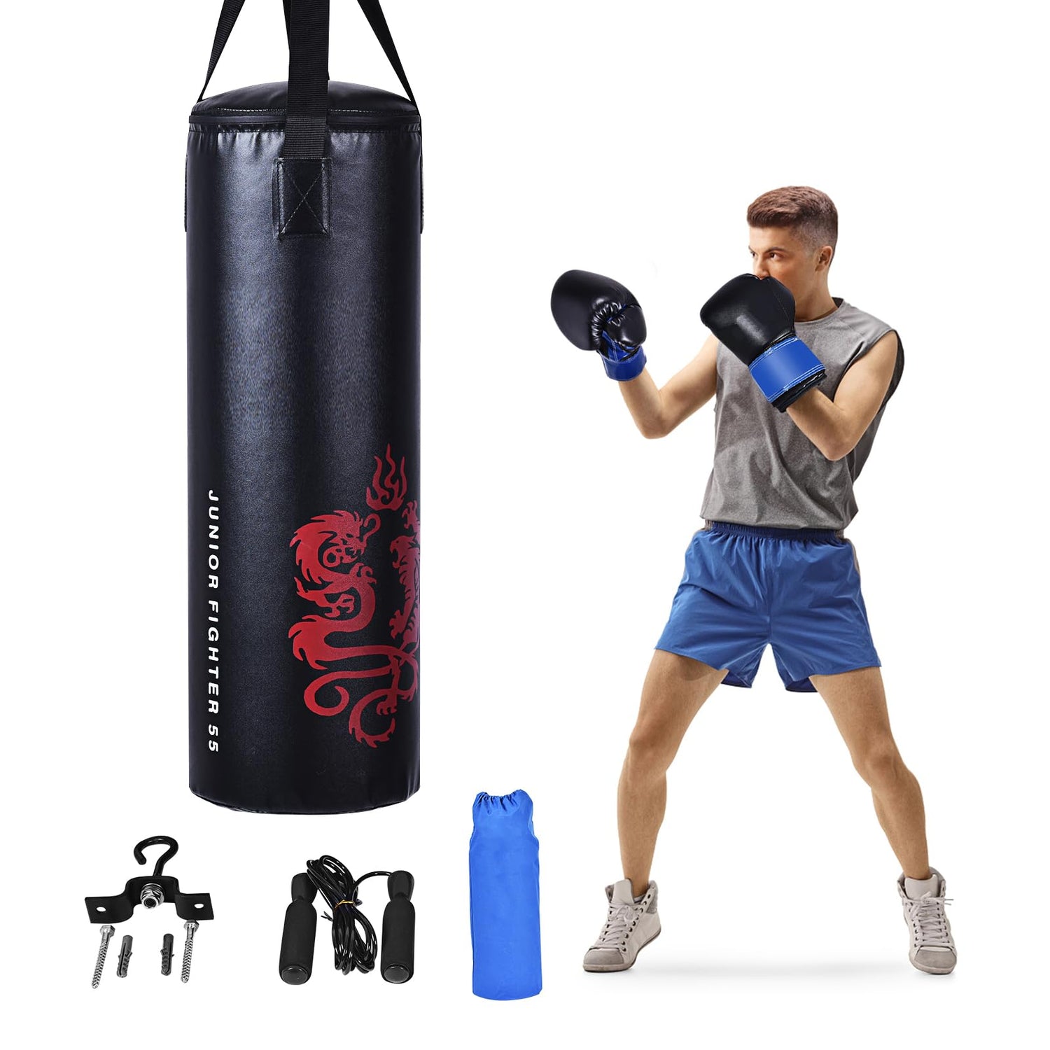 GYMAX Kids Punch Bags Set, Filled Hanging Boxing Bag with Gloves, Skipping & Ceiling Hook