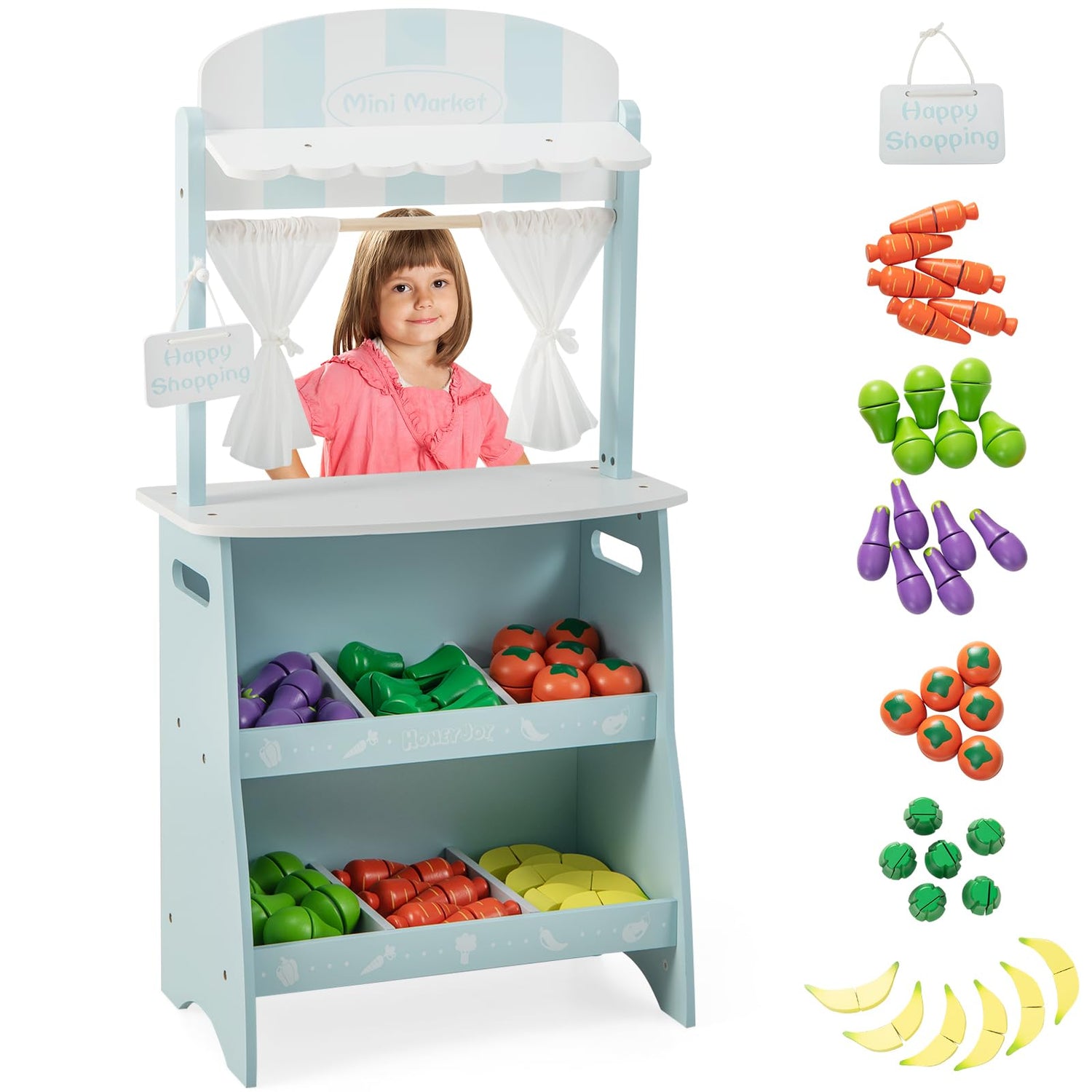 GYMAX Kids Grocery Store Playset, Children Farmers Market Stand with Cute Awning (Blue)