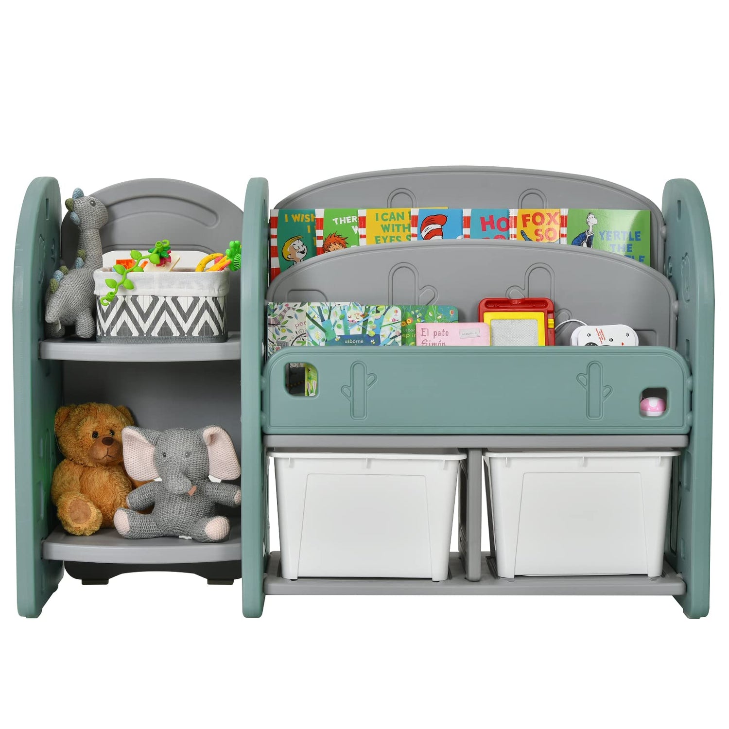 GYMAX Kids Storage Bookshelf, 3-Tier Children Bookcase with 2 Detachable Bin & 2 Open Shelves (Green+Grey)