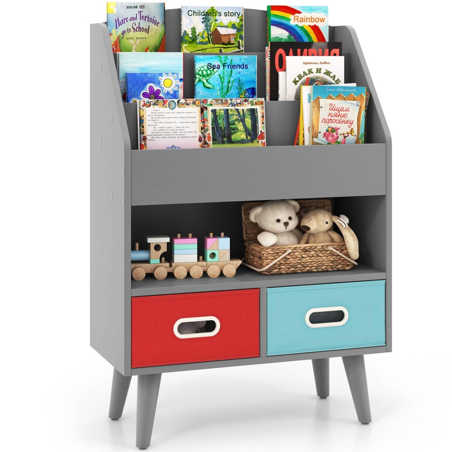 GYMAX Kids Bookcase, Wooden Children Bookshelf with 3 Shelves, Open Compartment and 2 Removable Bins