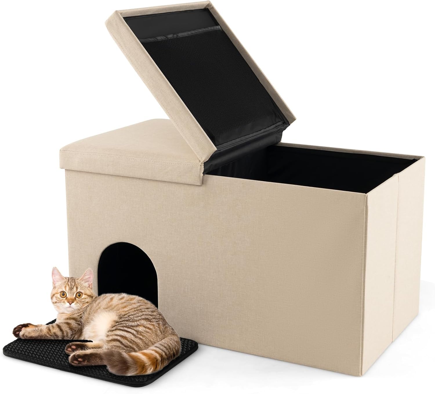GYMAX Cat Litter Box Enclosure, Hidden Cat Washroom Bench Ottoman with Flip-up Lid