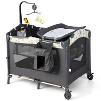 GYMAX Baby Travel Cot, 3 in 1 Bassinet Bed Activity Play Center with Changing Table, Music Box (Dark Gray)