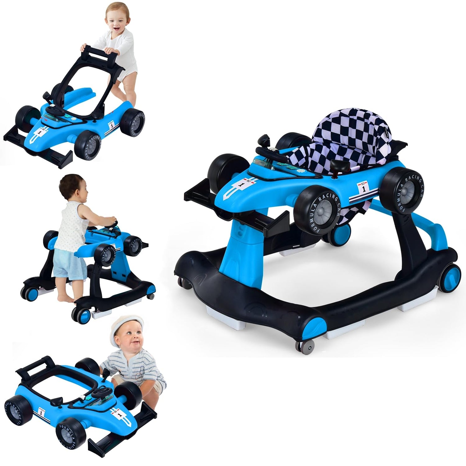 GYMAX Baby Walker, 4 in 1 Foldable Toddler Push Along Walker with Steering Wheel