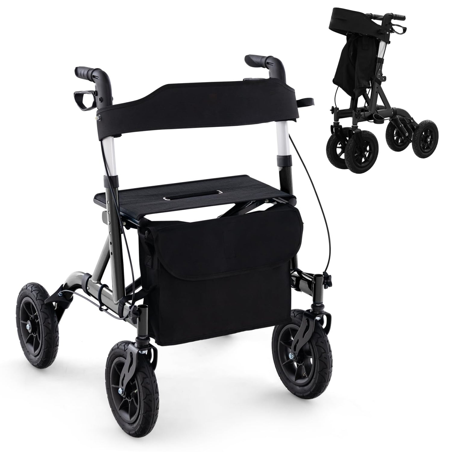 GYMAX Folding Rollator Walkers, 4 Wheel Height Adjustable Medical Walking Aid with Seats