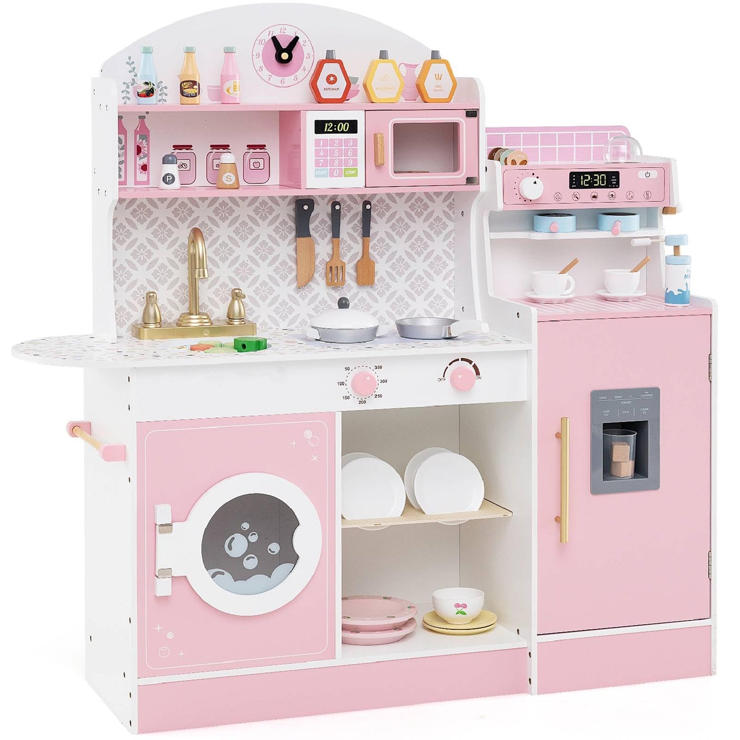 GYMAX Kids Play Kitchen, Wooden Toy Kitchen with Stoves, Microwave, Washing Machine