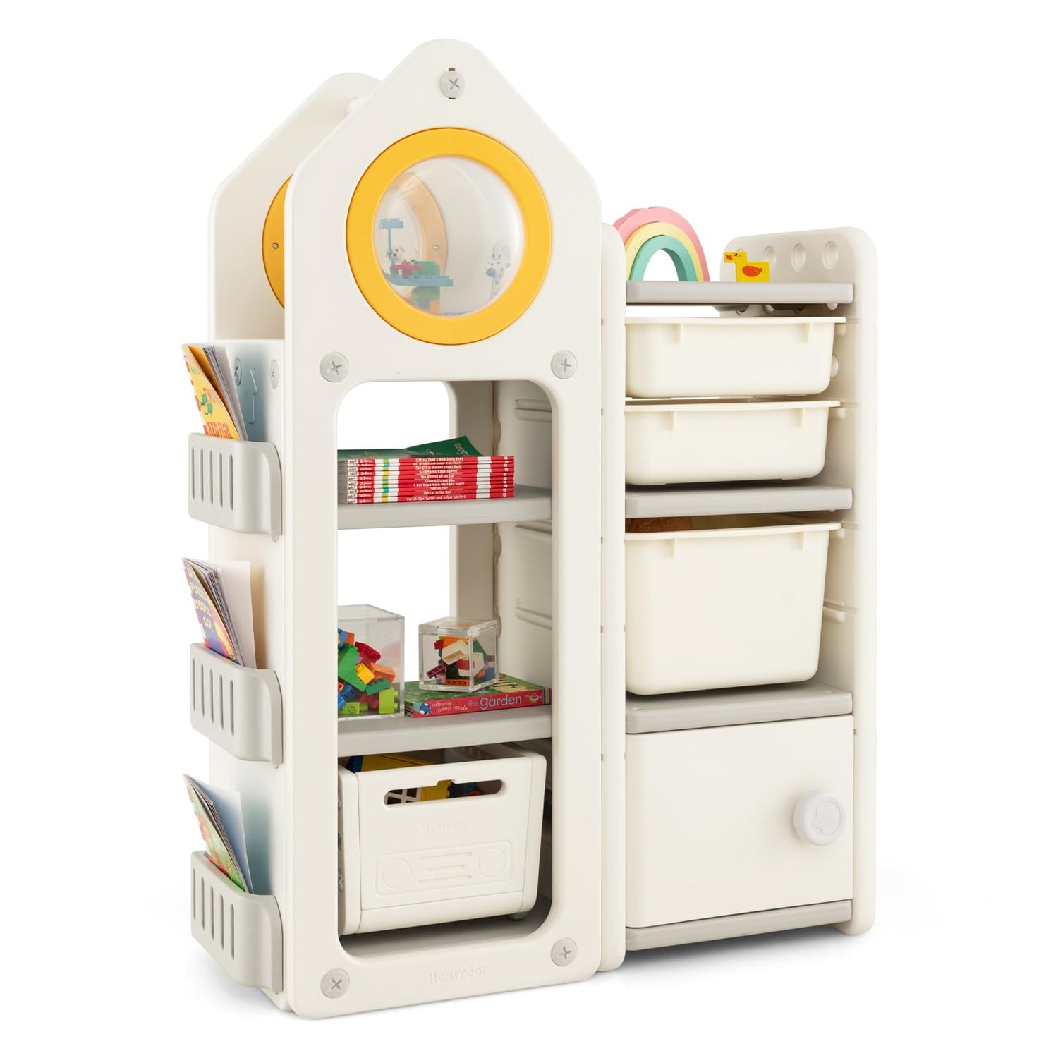 GYMAX Kids Storage Unit, Toddler Toy Organizer with Large Bins (Beige+Grey, House Shape: 87 x 38 x 120 cm)