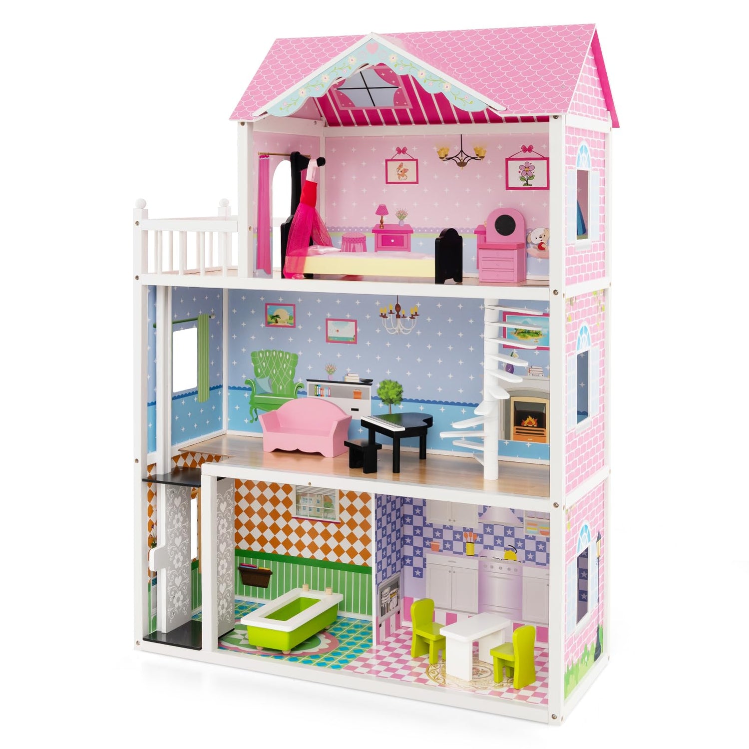 GYMAX Kids Dollhouse, 3-Storey Wooden Dolls House with 5 Simulated Rooms & Furniture Accessories