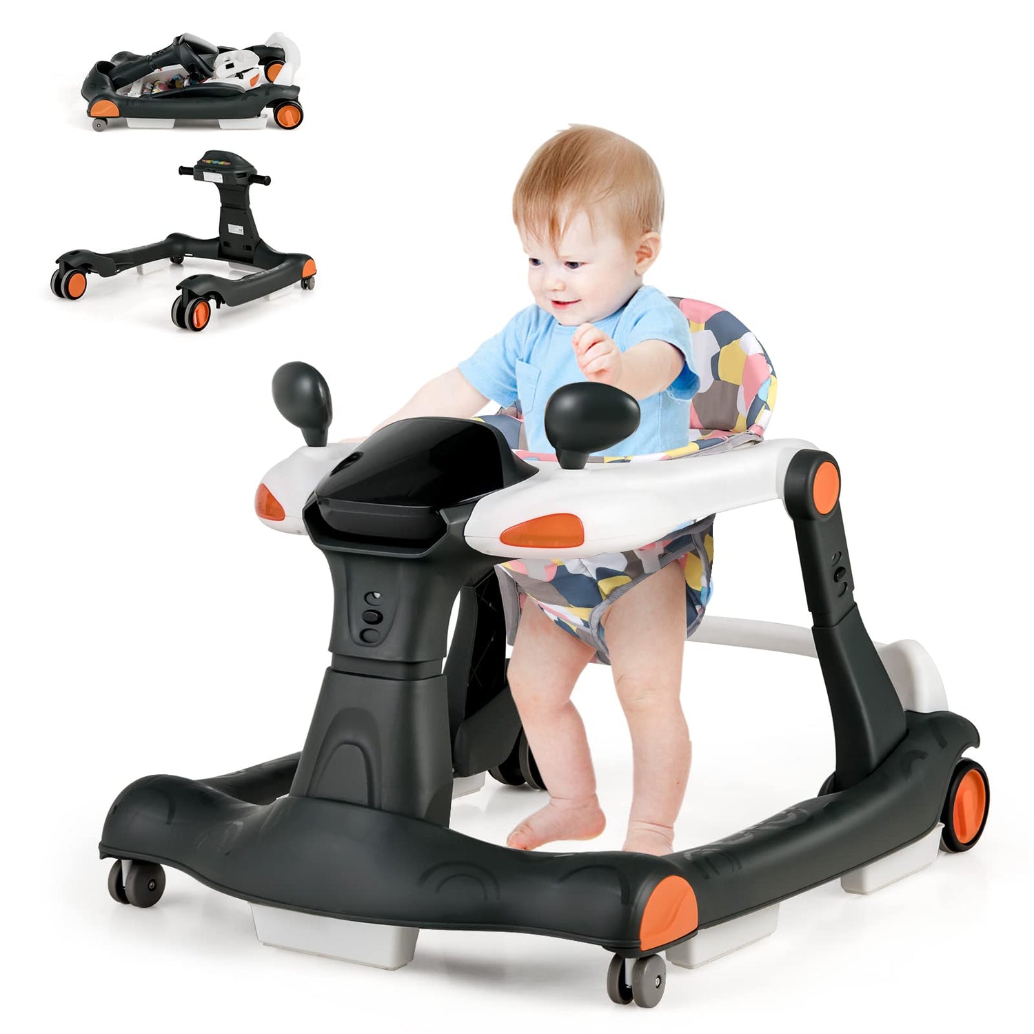 GYMAX Baby Walker, 2 in 1 Foldable Toddler Push Along Walker with Music, Lights and Wheels