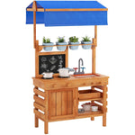 GYMAX Kids Mud Kitchen, Fir Wood Children Potting Bench Table with Adjustable Canopy