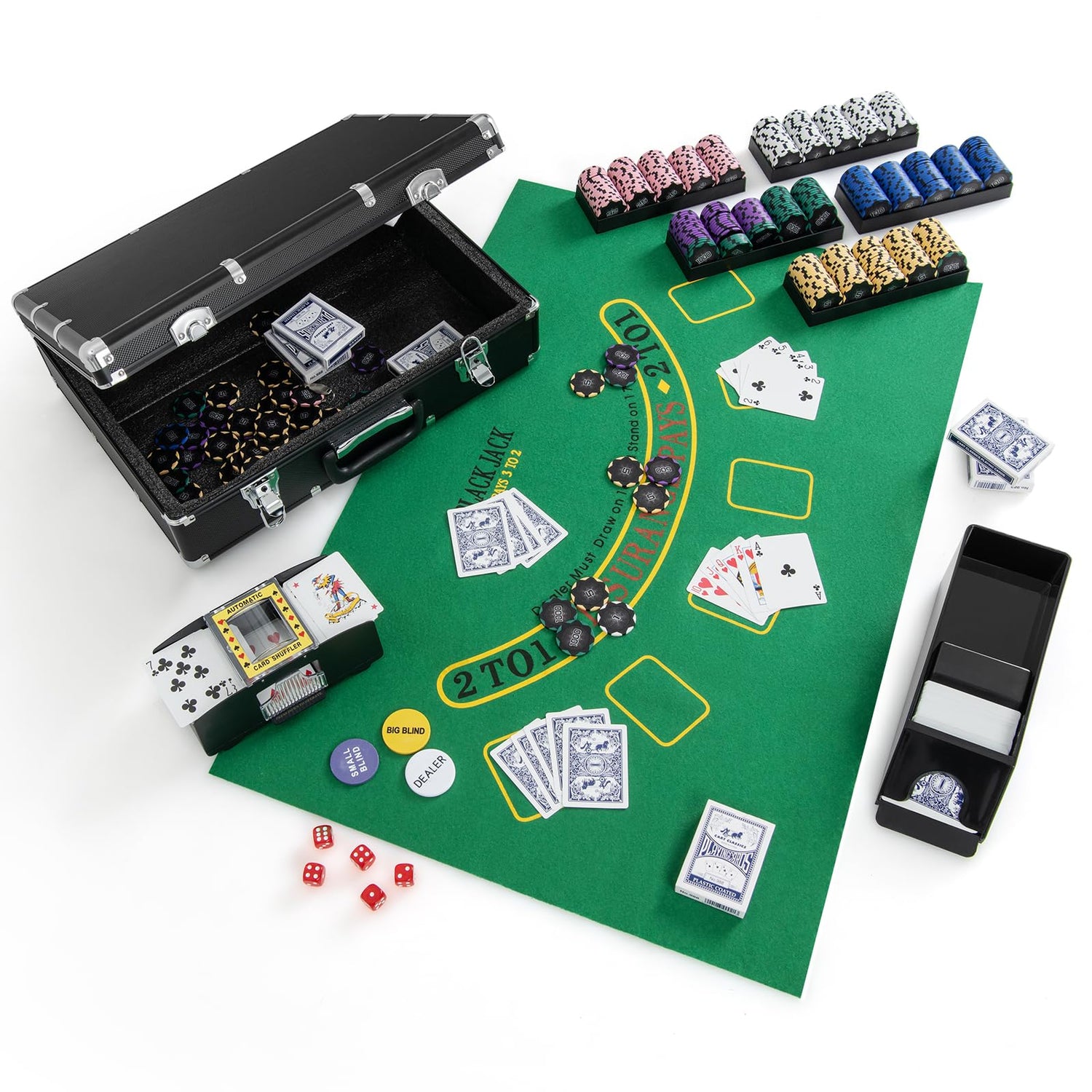 GYMAX Texas Holdem Poker Set, Casino Style Poker Chip Set(600 Pcs, With Card Shuffler)