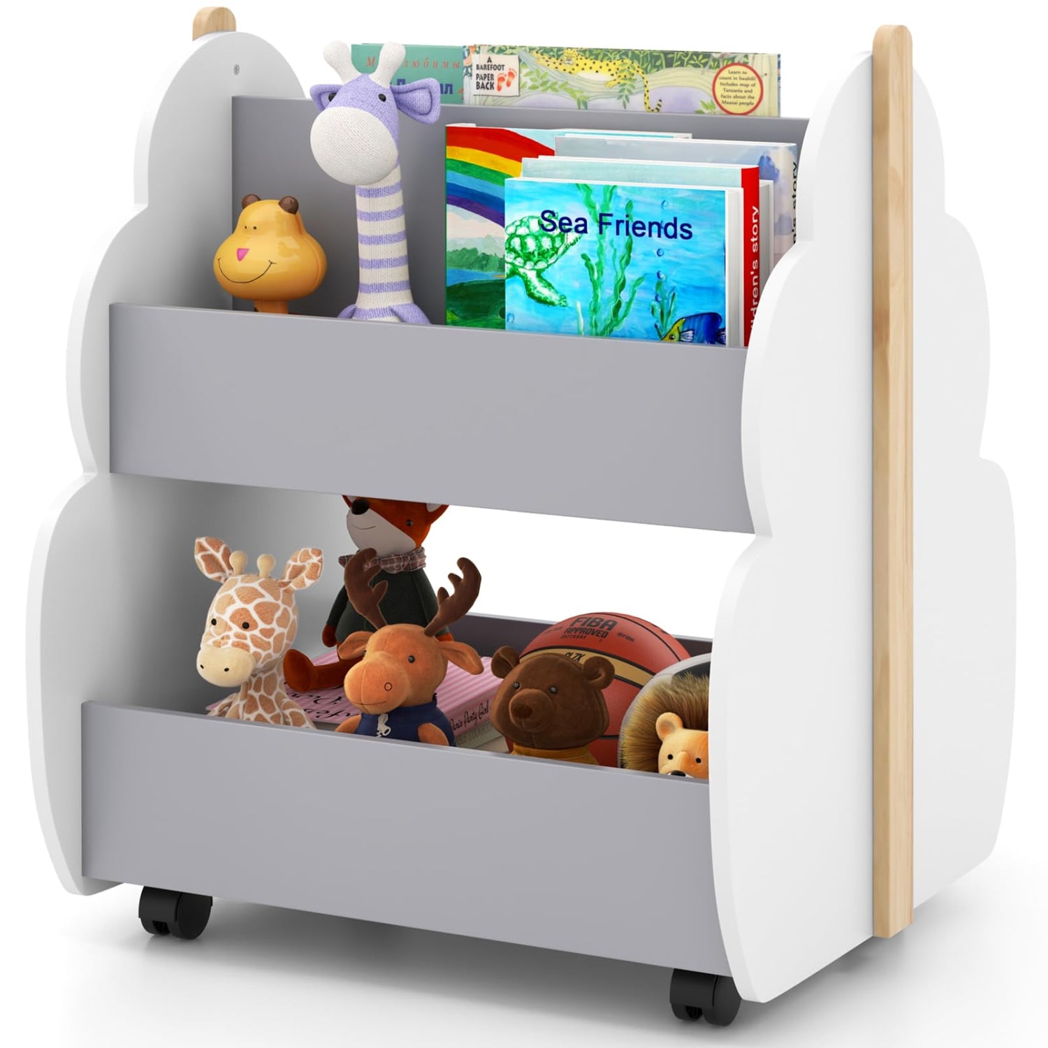 GYMAX Kids Bookshelf Double-sided Children Bookcase with Universal Wheels