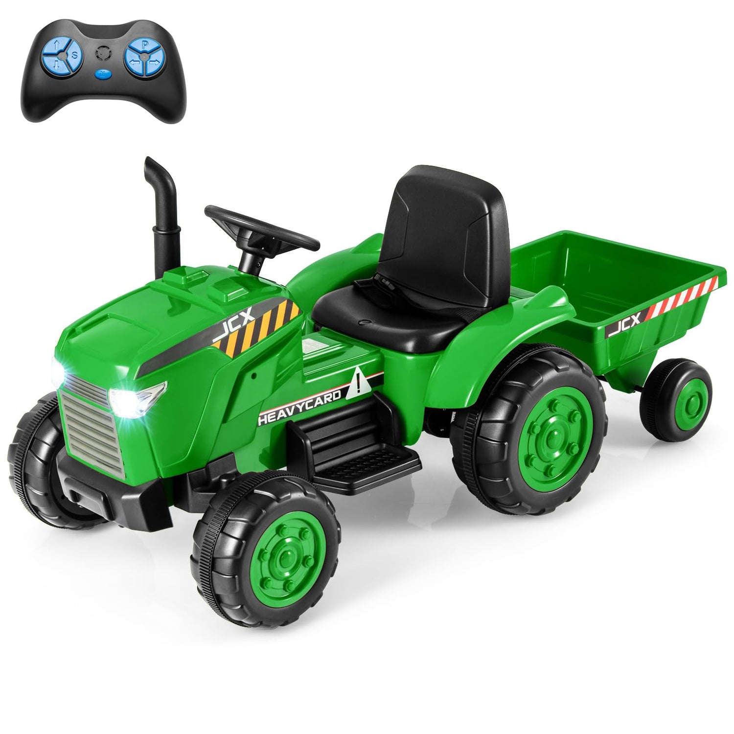GYMAX Kids Ride On Tractor and Trailer, 12V Battery Powered Toy Car with Remote Control