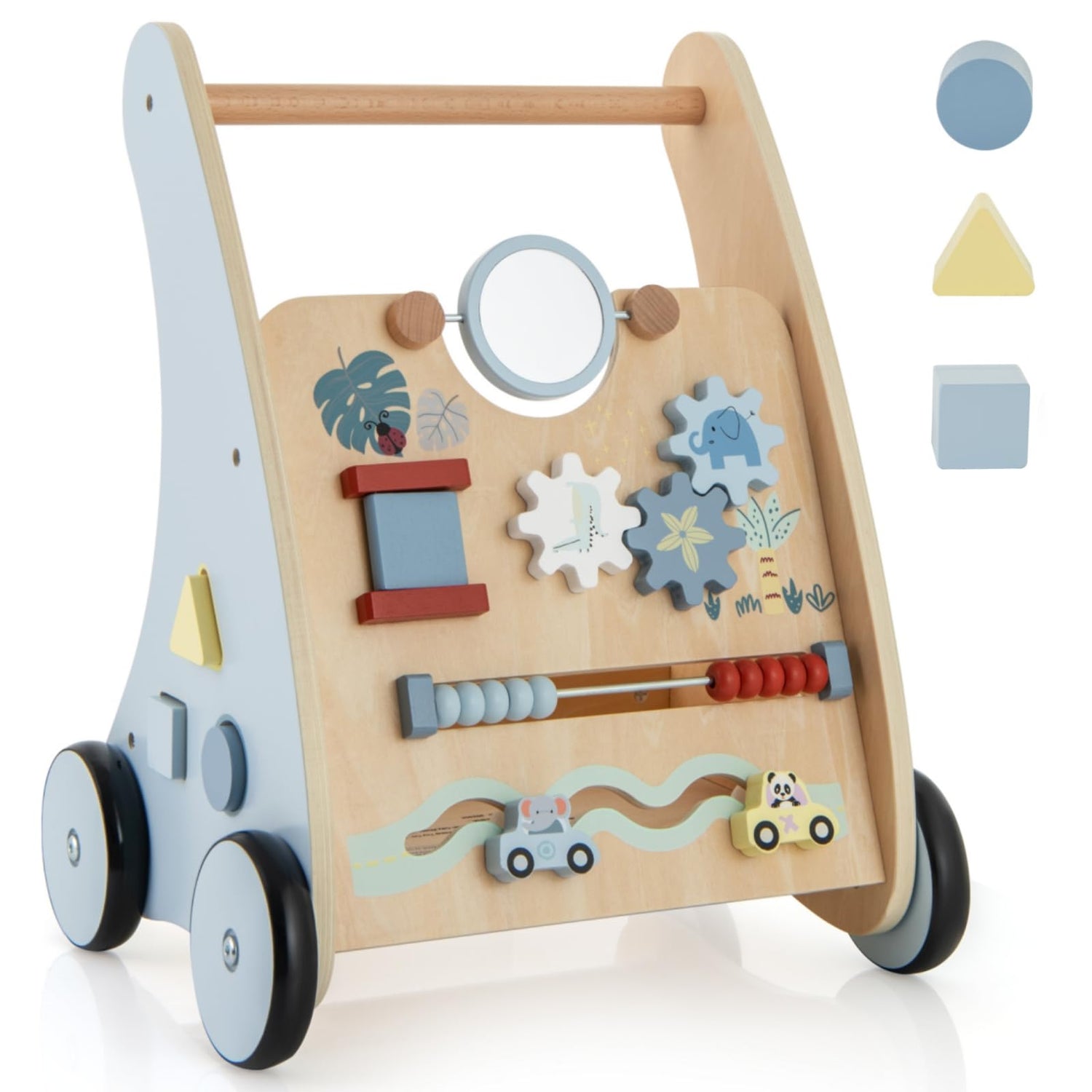 GYMAX Wooden Baby Walker, 7-in-1 Toddler First Step Activity Interactive Push Along Toy