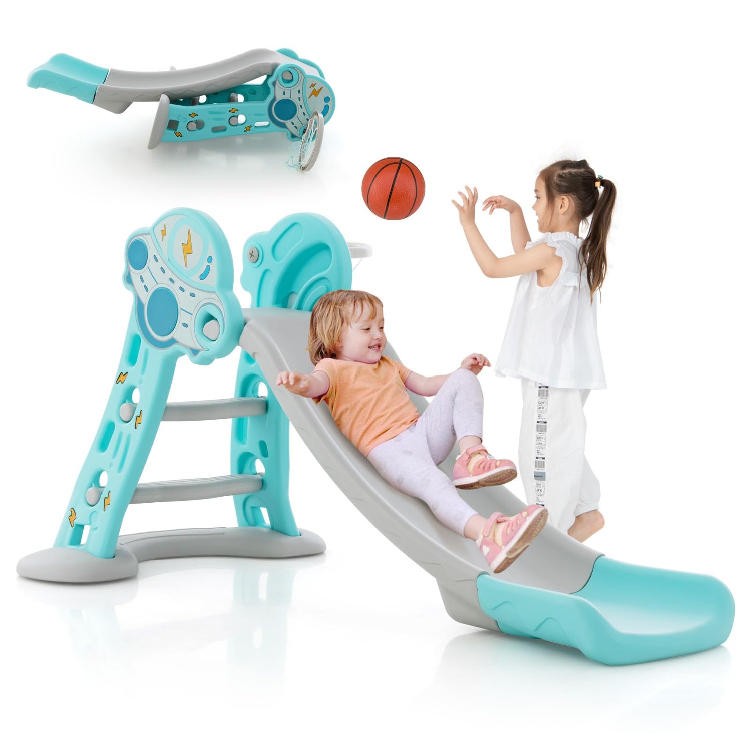 GYMAX Kids Folding Slide, 3 in 1 Freestanding Slides with Basketball Hoop