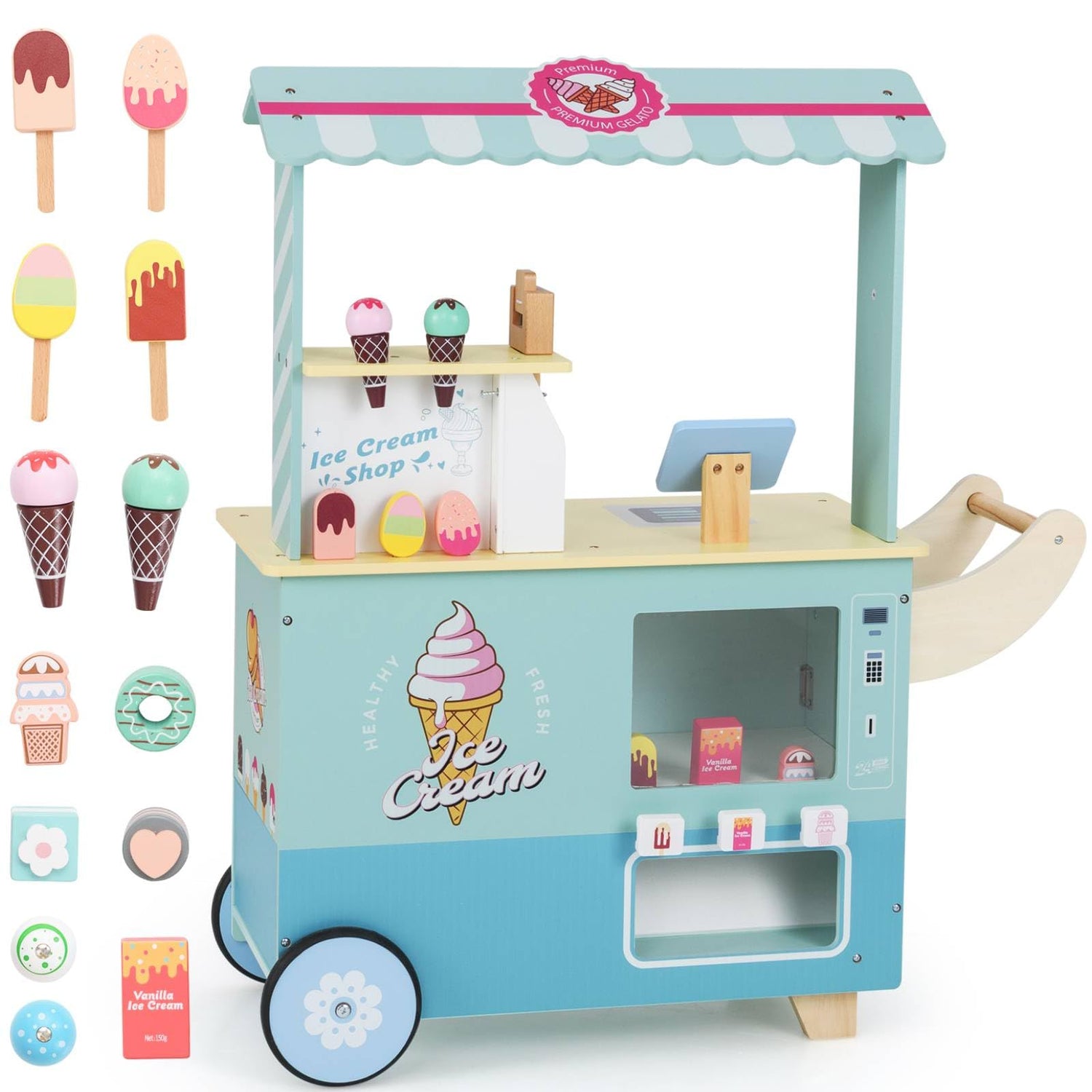 GYMAX Wooden Ice Cream Cart, Kids Grocery Store with 2 Wheels, Vending Machine, Display Stand & 15 Pcs Play Food