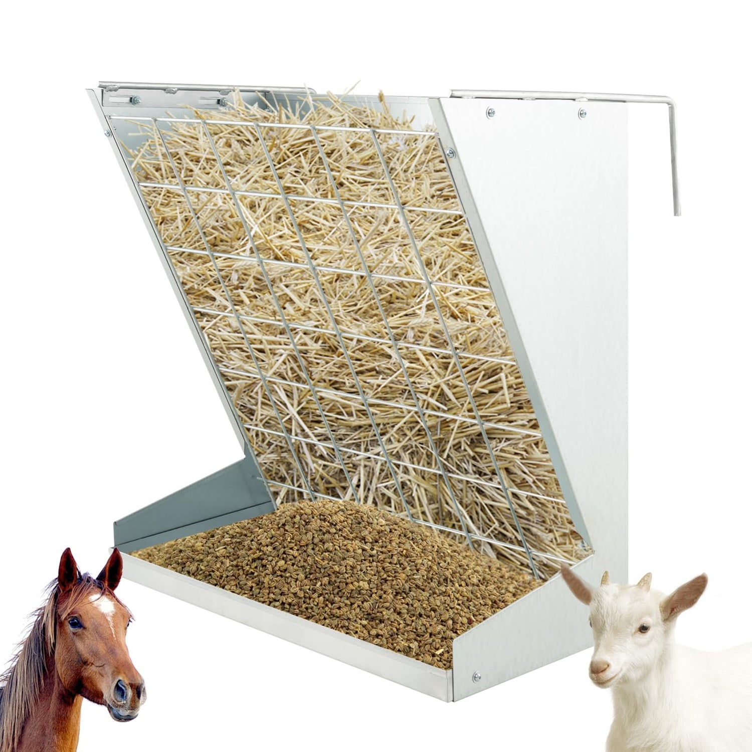 GYMAX 2-in-1 Hay & Grain Feeder with Adjustable Hooks and Food Saving Grid