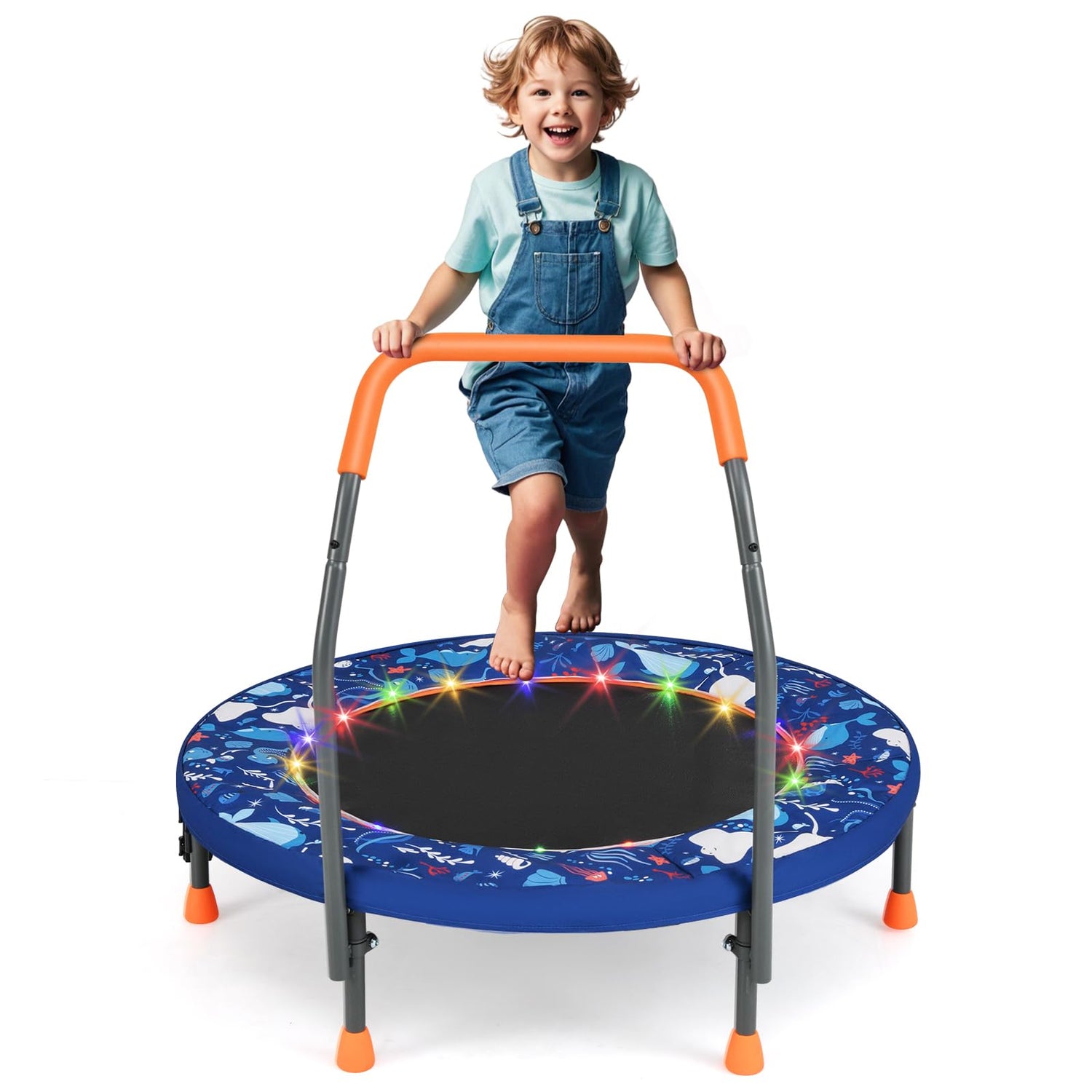 GYMAX 36" Mini Trampoline for Kids with LED Lights, Indoor Outdoor Folding Small Rebounder with Foam Handle