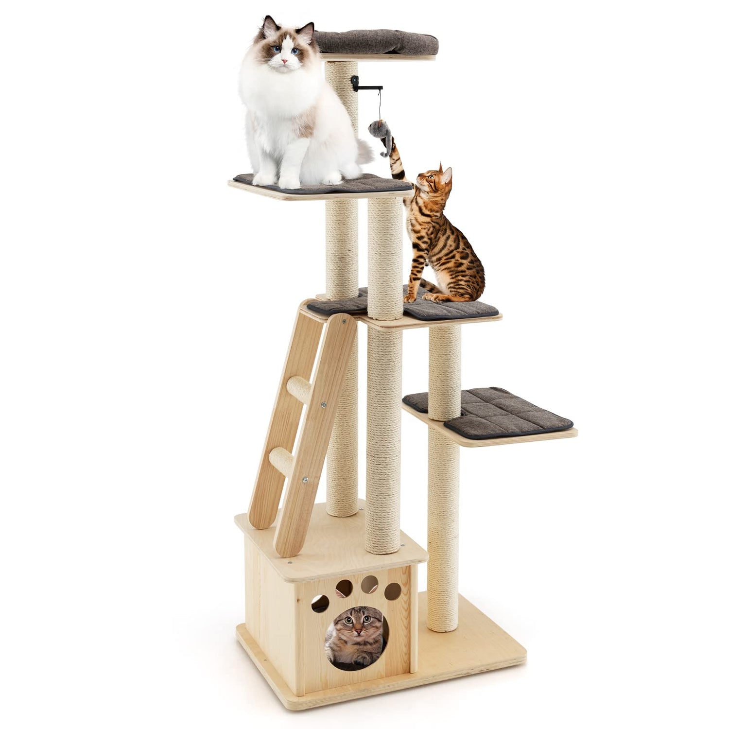 GYMAX Wooden Cat Tree, Multi Tier Cat Play Tower with Platform, Perch, Ladder, Condo, Scratching Posts
