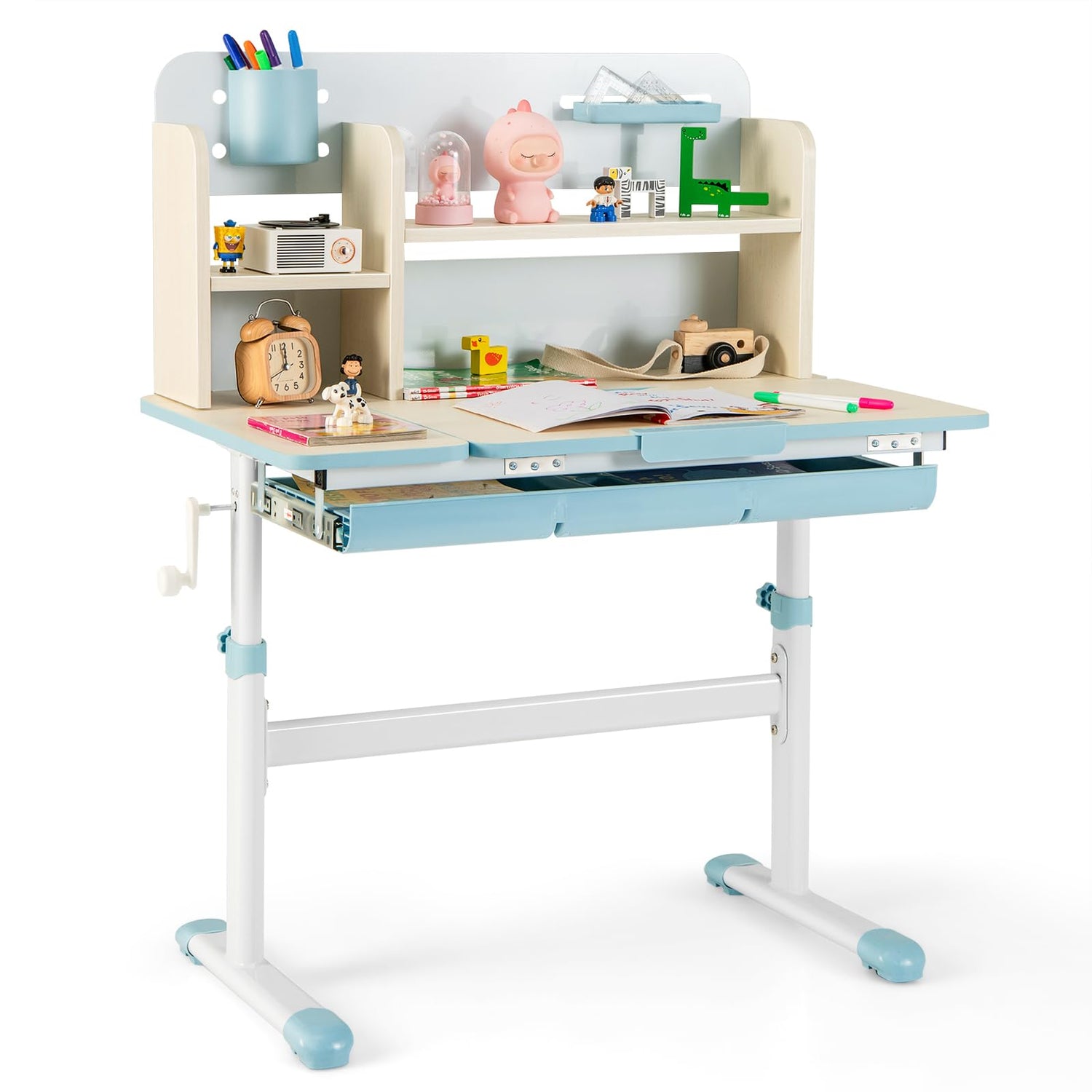 GYMAX Kids Desk, Height Adjustable Writing Table with Tiltable Desktop, Storage Shelf