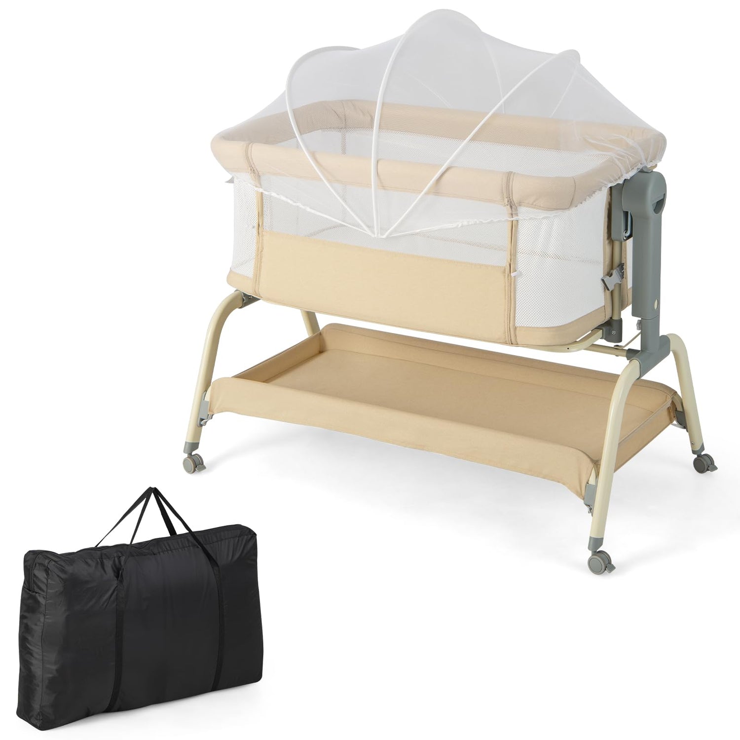 GYMAX Baby Beside Crib, 4-in-1 Infant Bassinet with Detachable Net, Soft Mattress, Storage Basket and Wheels