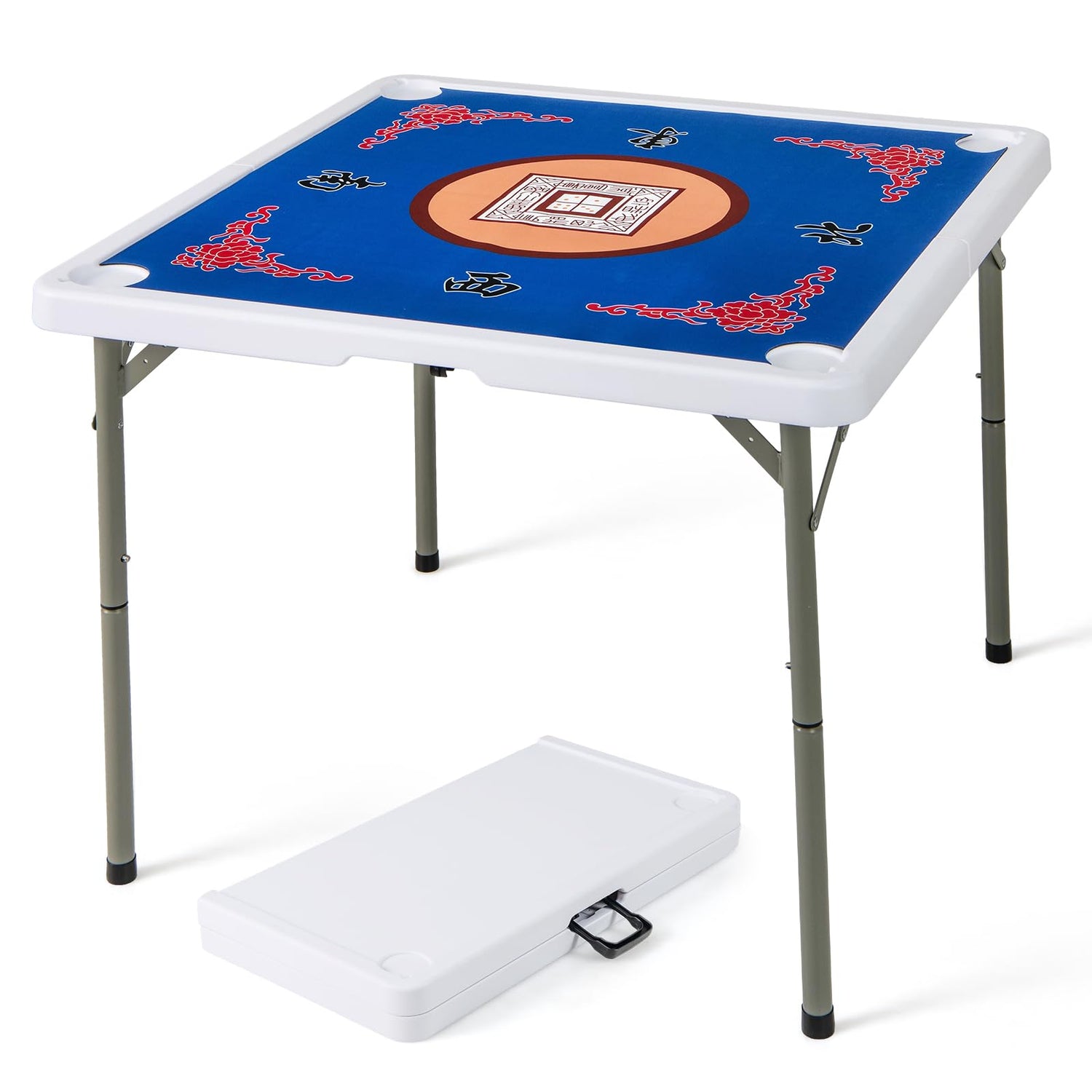 GYMAX Folding Mahjong Table, 35” Portable Card Table with Cup Holders and Carrying Handle