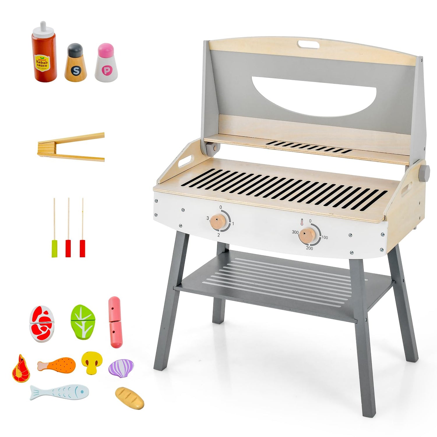 GYMAX Wooden Kids BBQ Grill Playset, Little Chef Play Kitchen with 17 Play Food & Barbecue Accessories