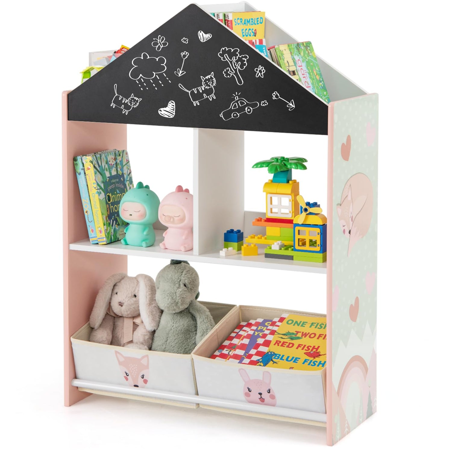 GYMAX Kids Storage Shelf, Toy Storage Organizer with Chalkboard/Whiteboard, 4 Top Compartments