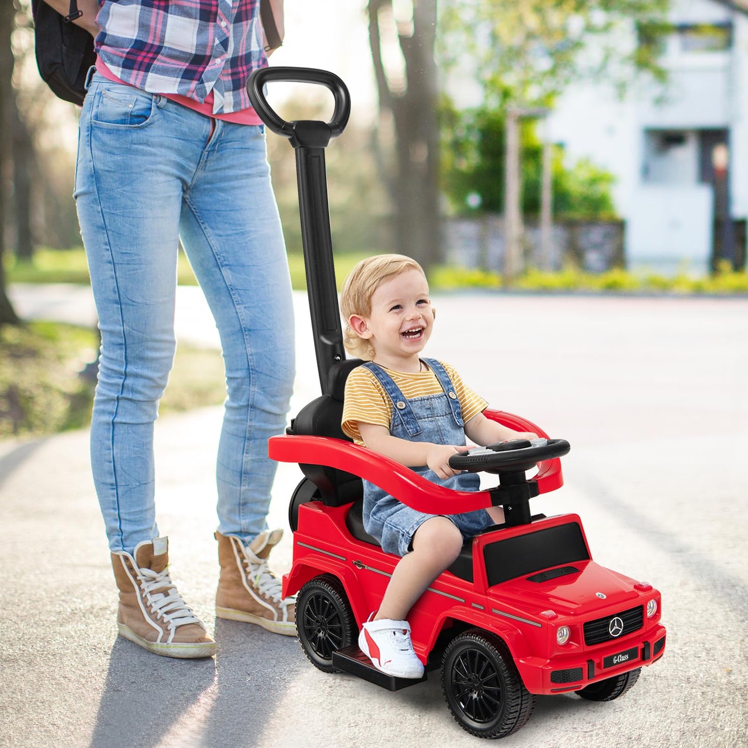 GYMAX 3 in 1 Kids Ride on Push Car, Licensed Mercedes Benz Push Along Car with Handle, Guardrails