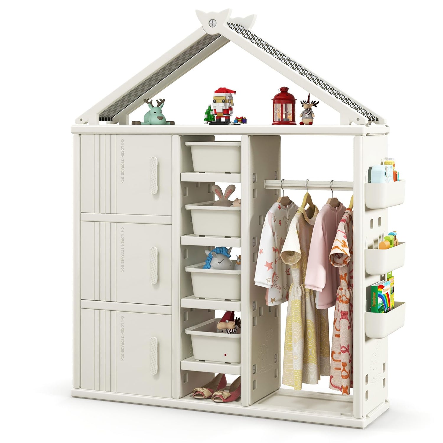 GYMAX Kids Clothes Closet, Children Dress up Storage Unit with Clothes Rail, Toy Bins, Shelves & Side Baskets
