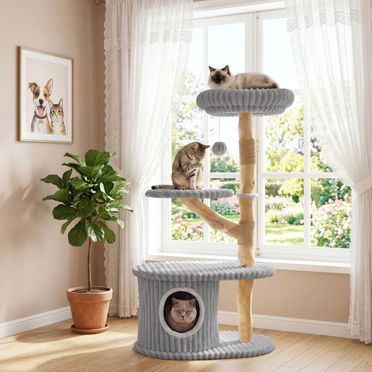 105 CM Tall Modern Cat Tower with Real Wood Branches and Scratching Posts for Cats