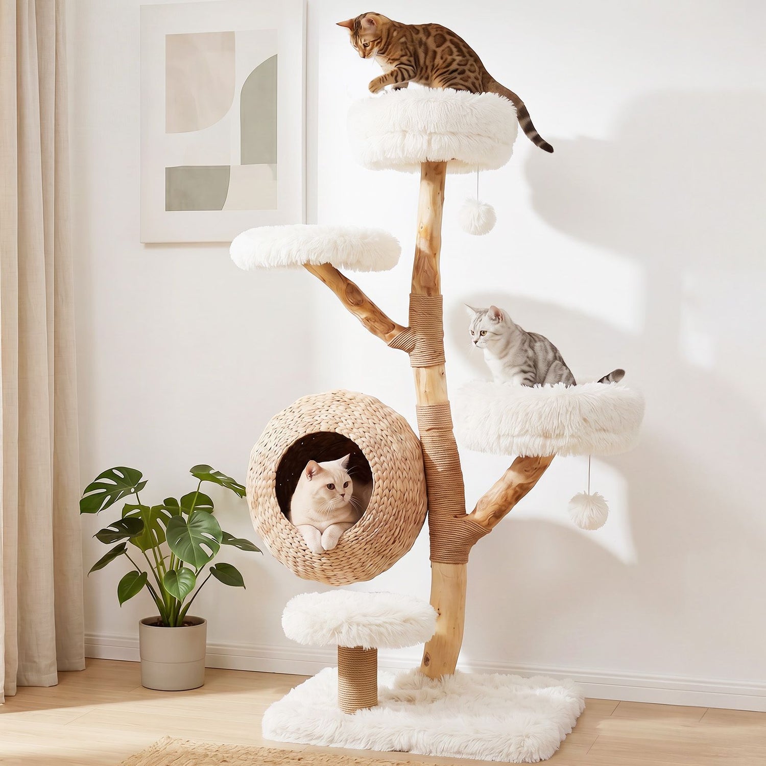 Wooden Cat Tree, Multi-Layer Cats Tower with Jute Scratching Posts