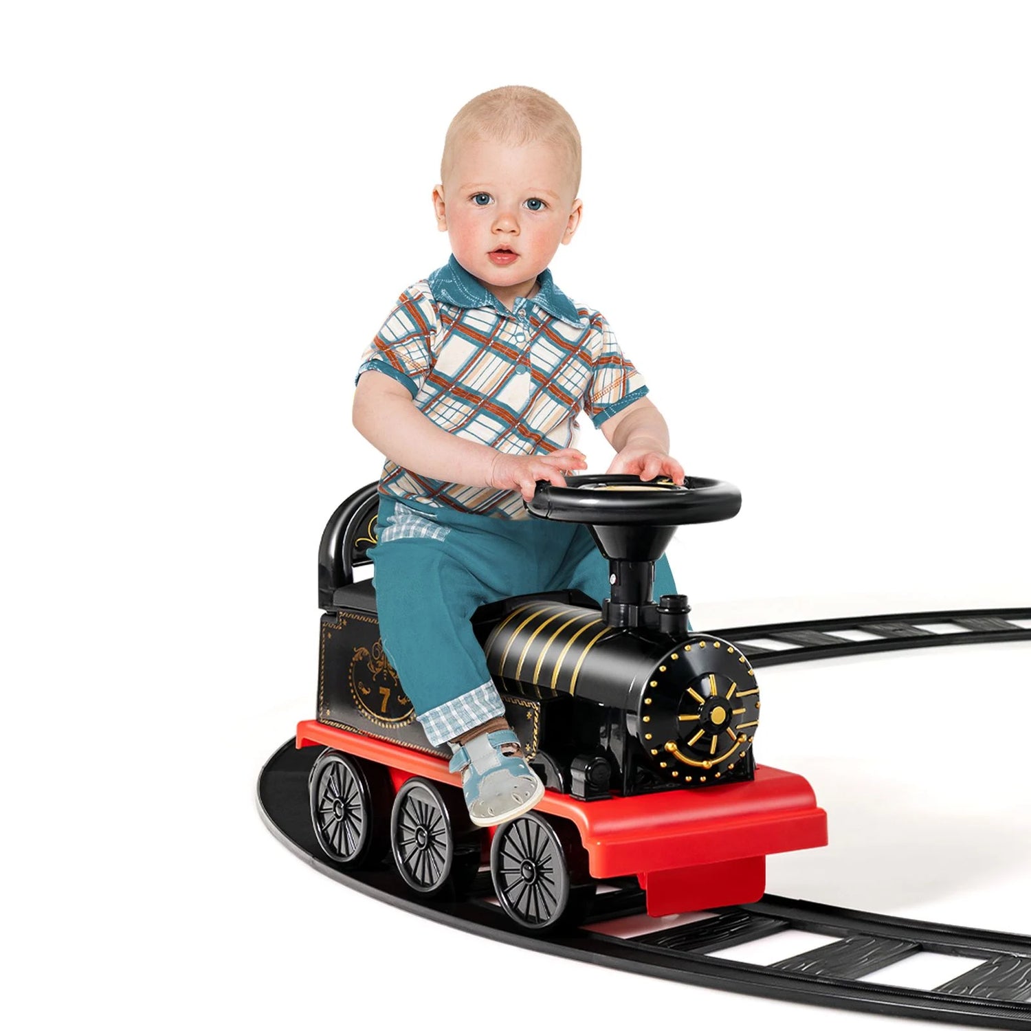 GYMAX Ride On Train with Tracks, 6V Kids Electric Car with Storage Seat, Music & Lights